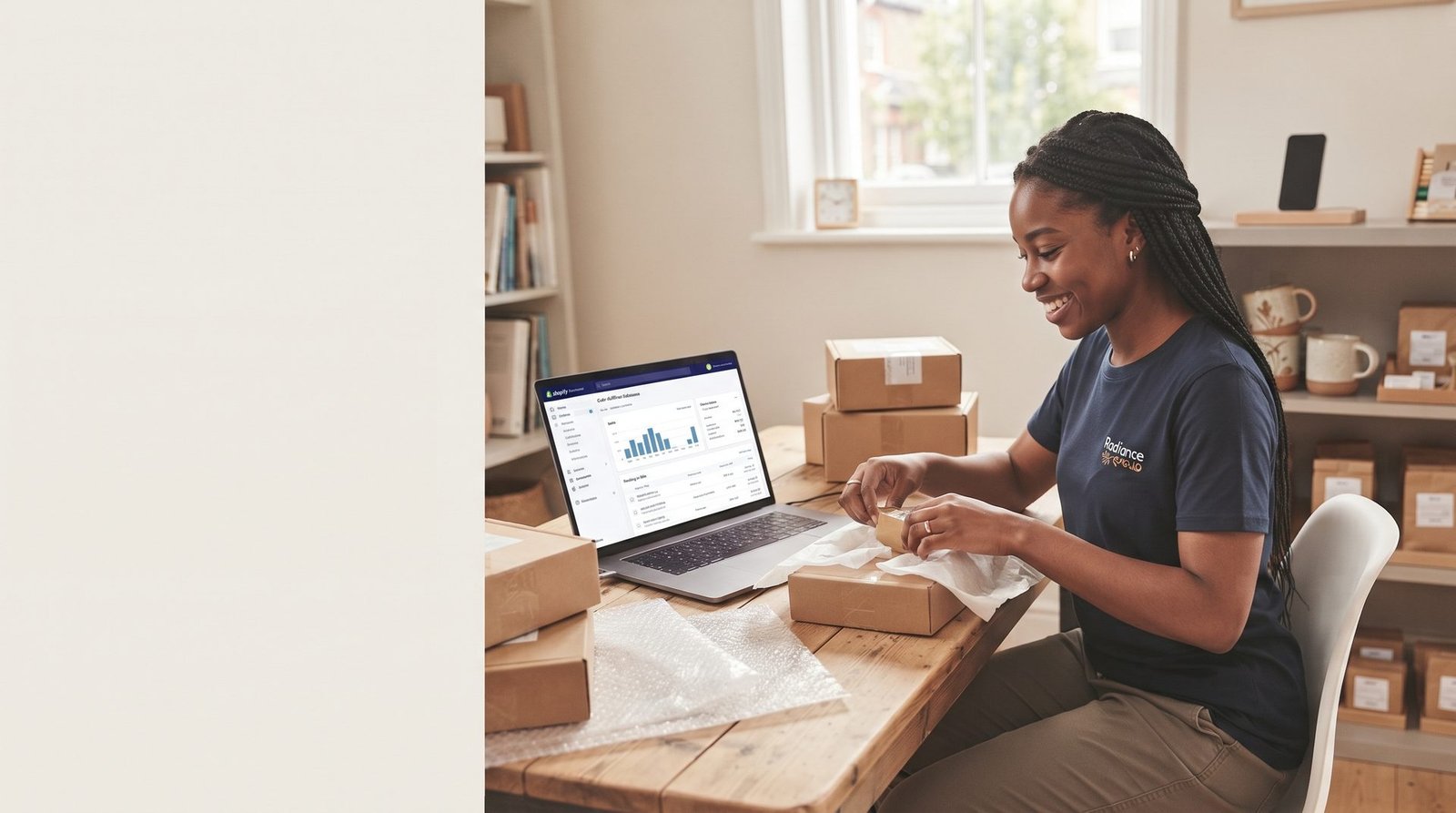 A young UK e-commerce founder packing orders alongside a laptop showing a store dashboard