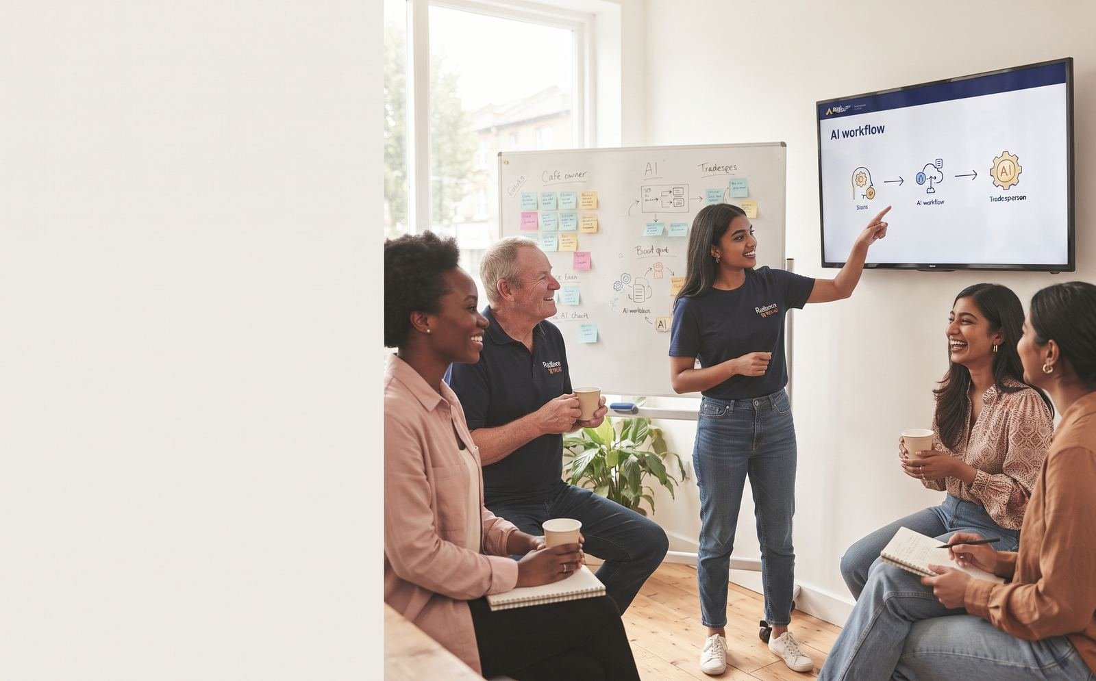 A small group of small-business owners in a workshop session, discussing a simple AI workflow diagram together
