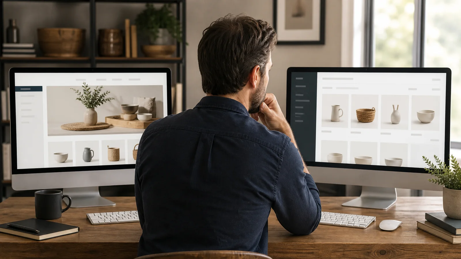 Small business owner comparing Shopify and WooCommerce for an online store