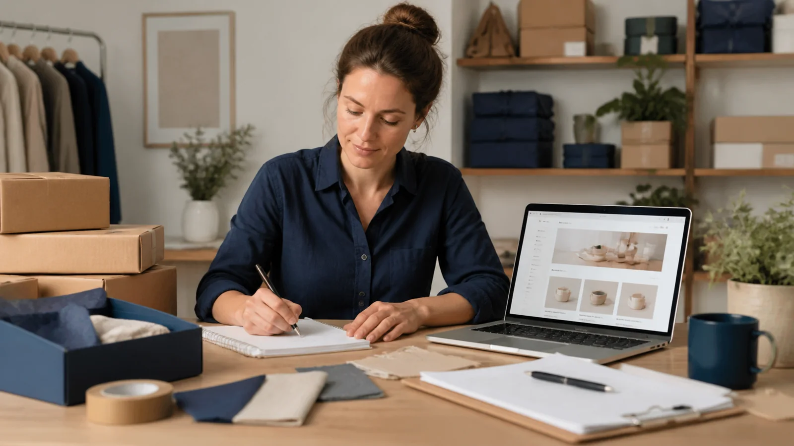 Small business owner planning product, payment and delivery requirements for a Shopify store